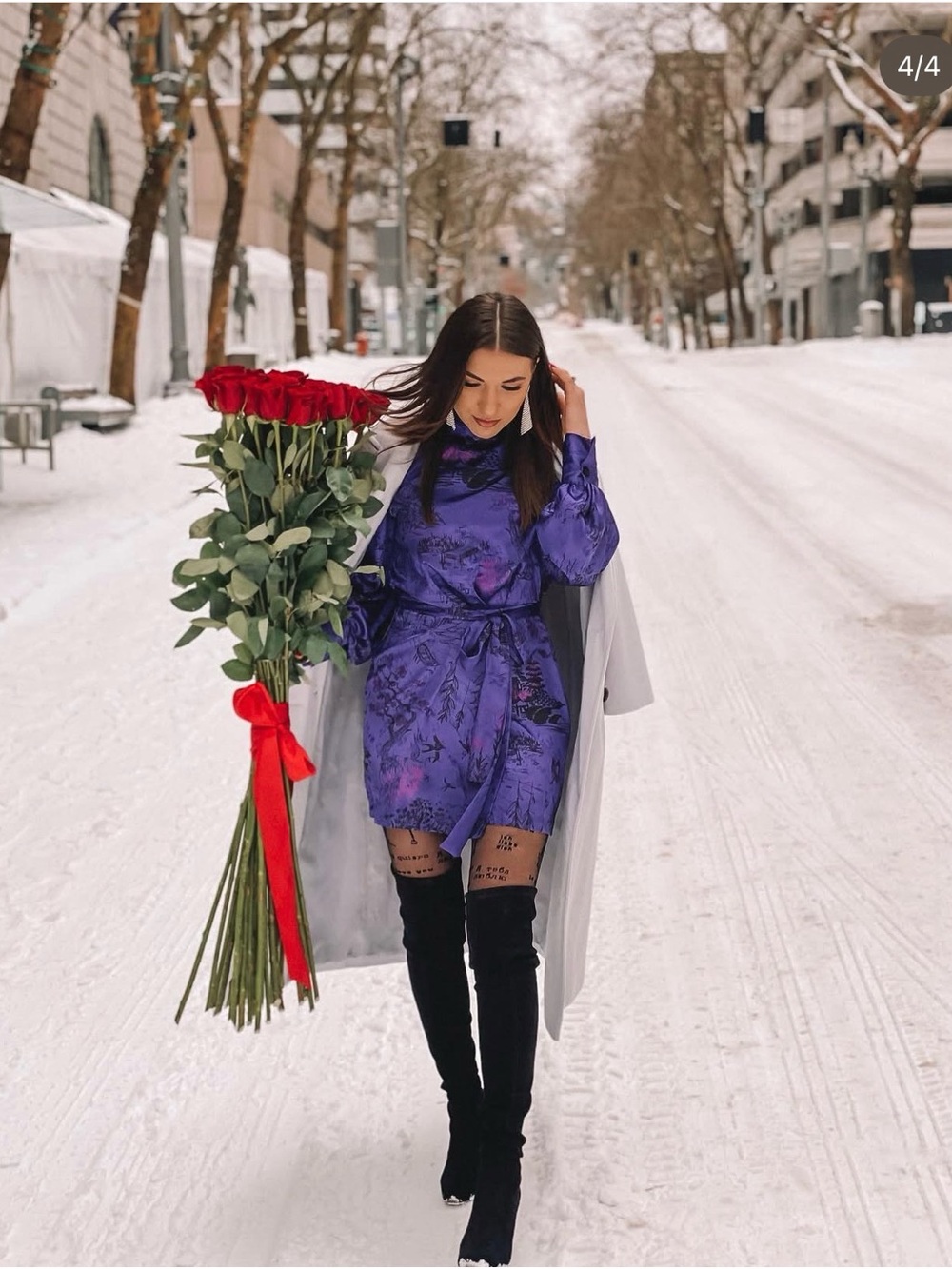 Purple Floral Satin Tie-Waist Mini Shirt Dress